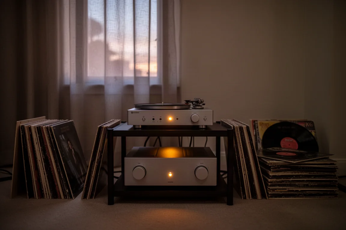 Dimly lit listening room at dusk with a compact audio rack and stacked vinyl records