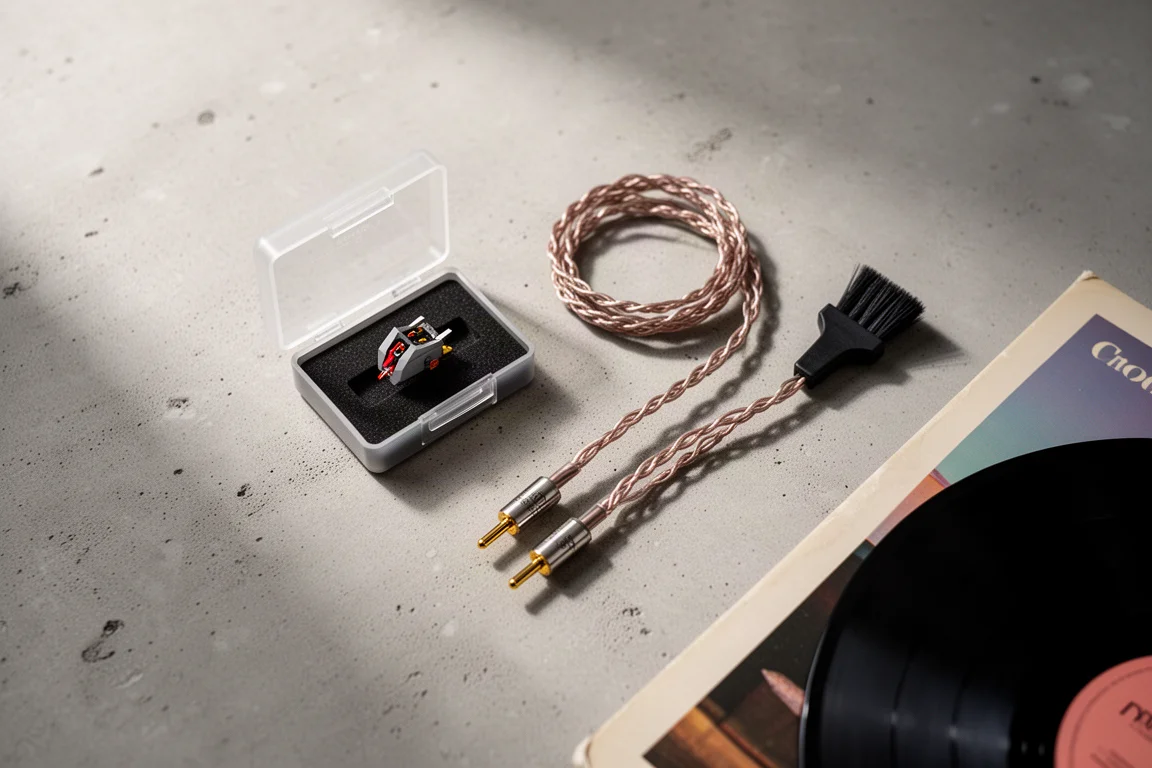 Overhead flat-lay of a phono cartridge, cables, anti-static brush and a record sleeve