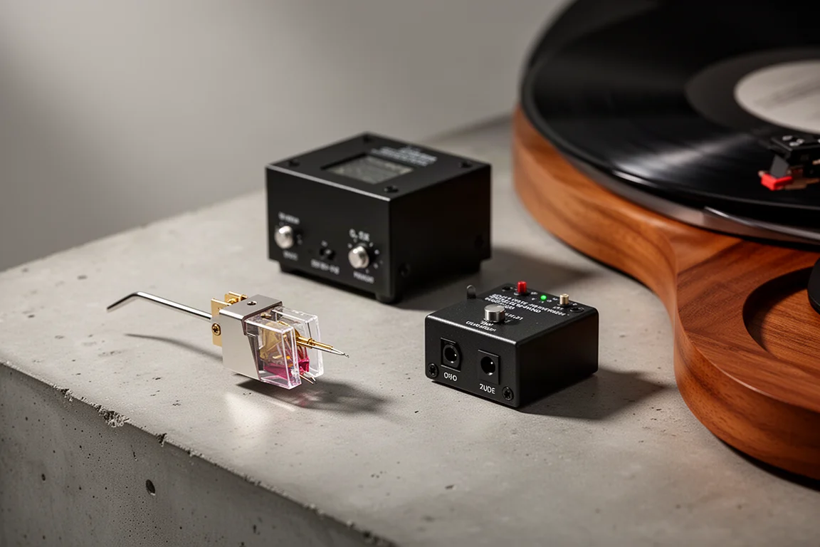 Vinyl playback components including a phono cartridge, step-up transformer and phono preamp on concrete