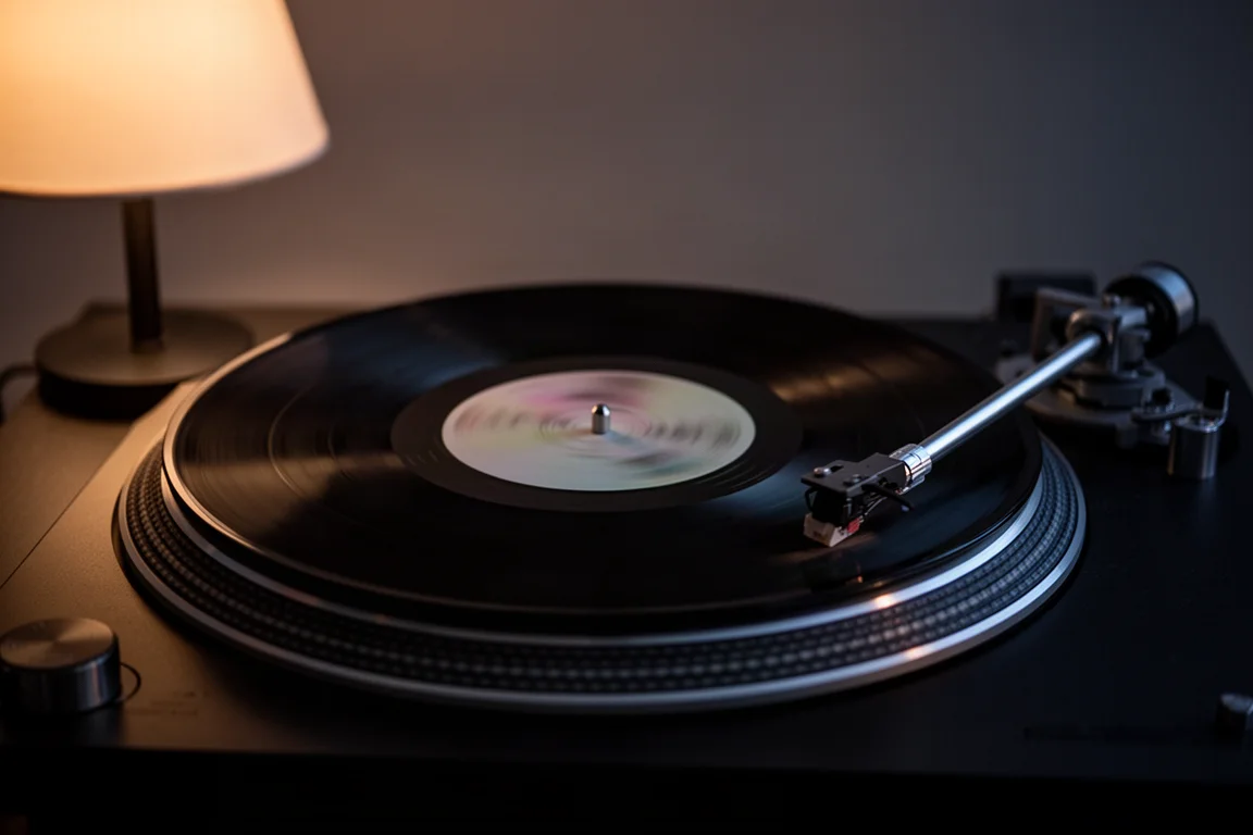 夕方の暖かなランプの光の中でターンテーブルのプラッター上を回るレコード