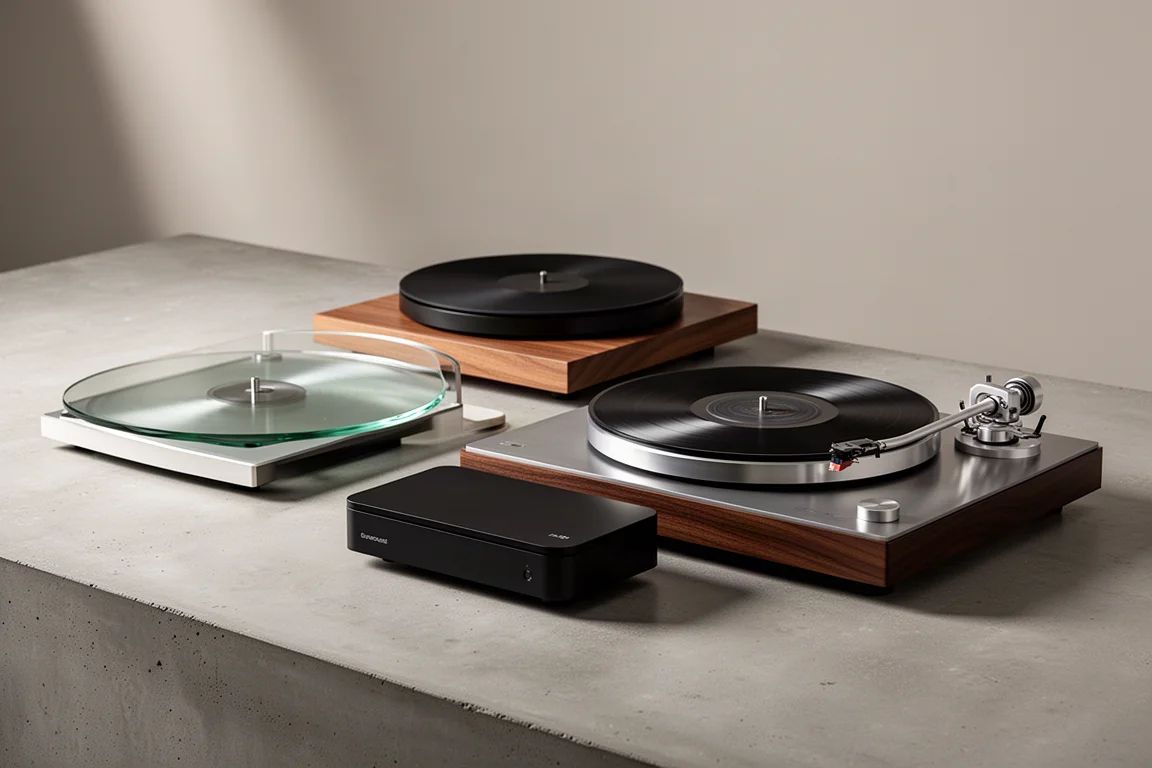 Three different turntables arranged on a matte concrete surface in soft studio light