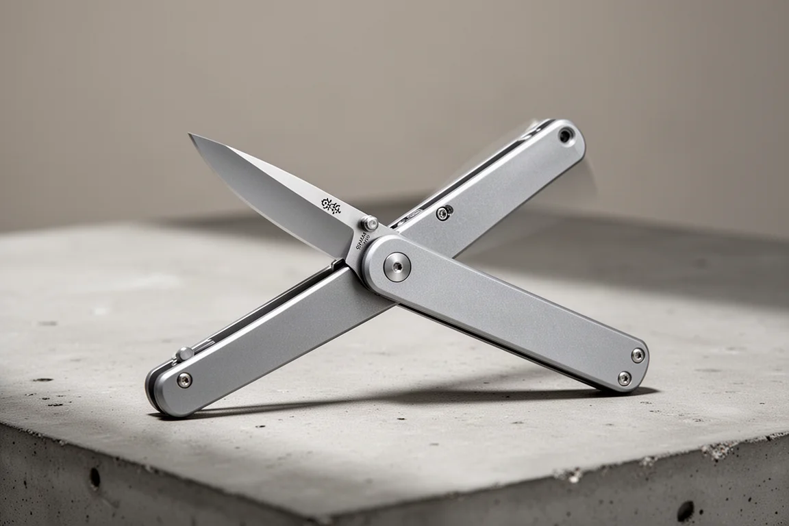 Handen openen een licht frame-lock zakmes boven een bureau