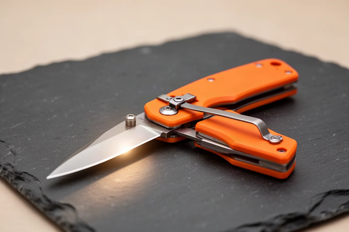Een opvouwbaar mes met crossbar-lock en oranje handvat op een winkelschap