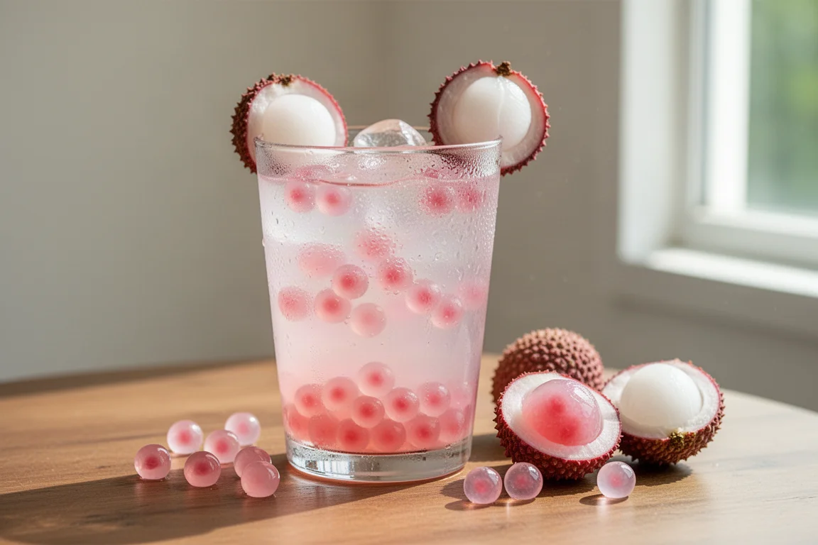 A glass of pink lychee drink with translucent popping boba pearls on a bright table