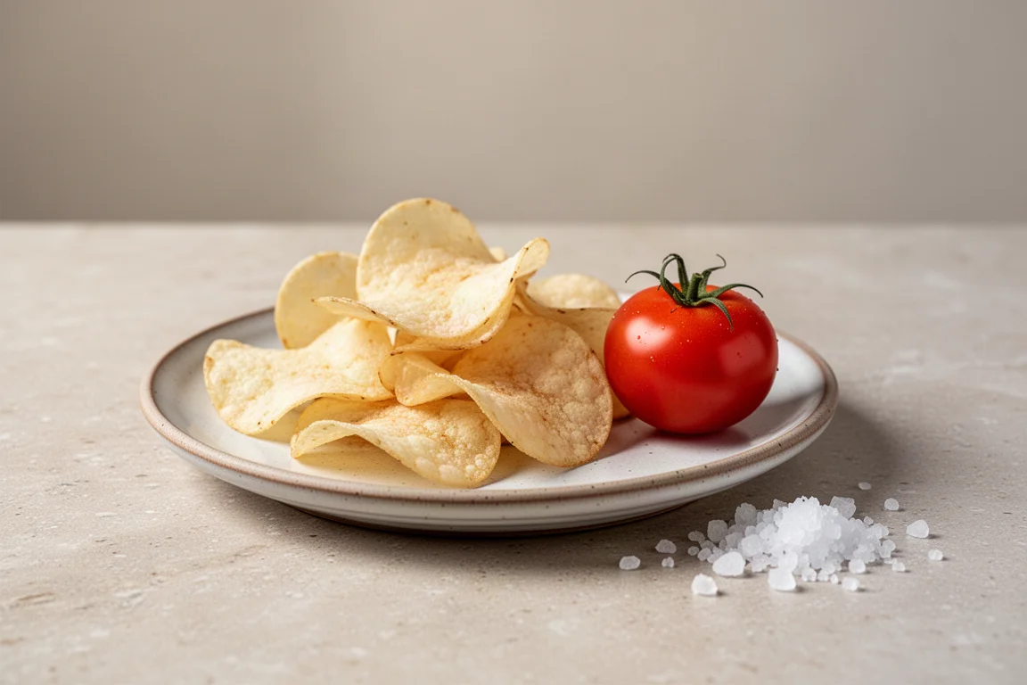 A pile of golden protein chips on a small ceramic plate next to a tomato