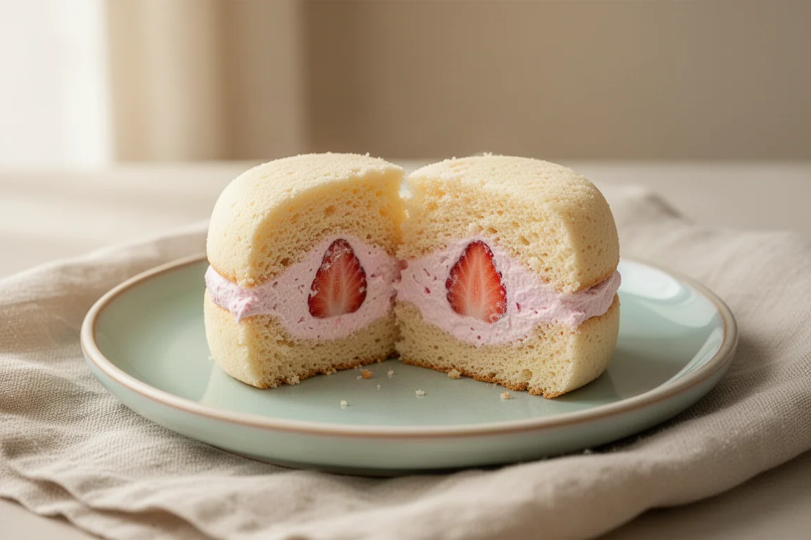 A soft cream-filled snack cake sliced open on a pastel plate