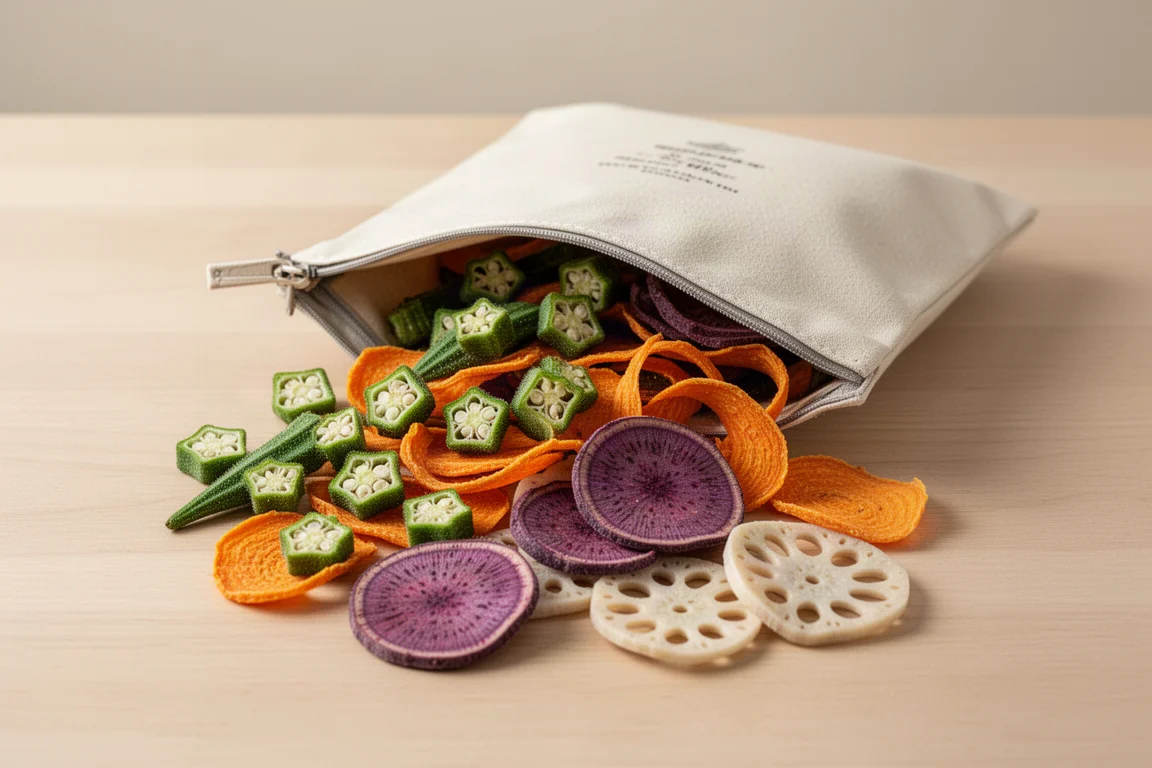 An open pouch of colorful dried vegetable chips spread on a table