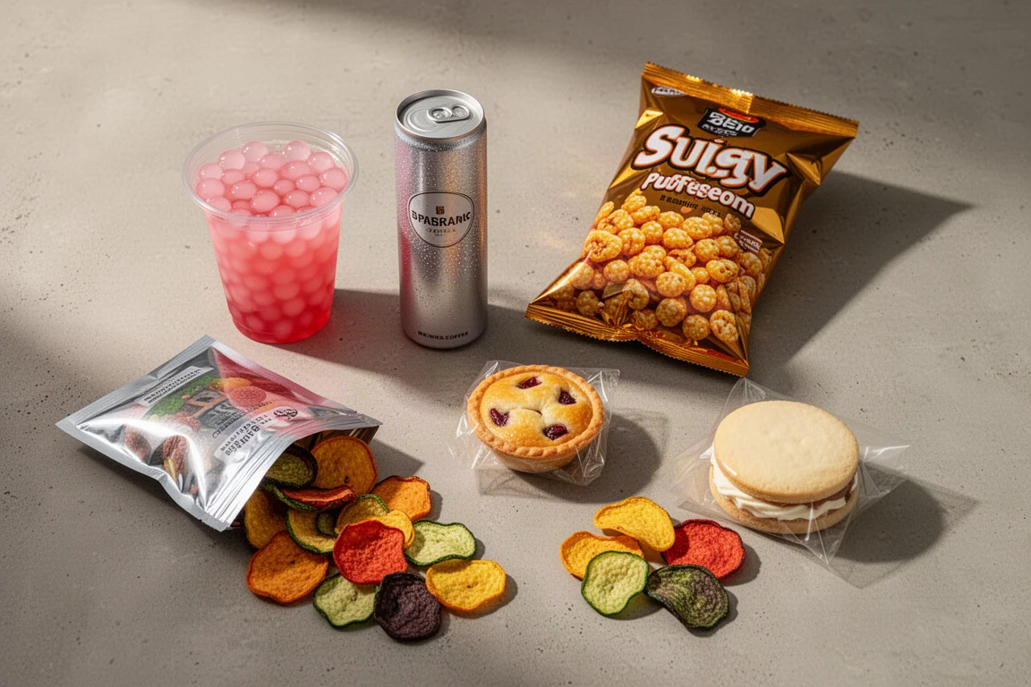 Assorted viral snacks and drinks arranged on a concrete surface