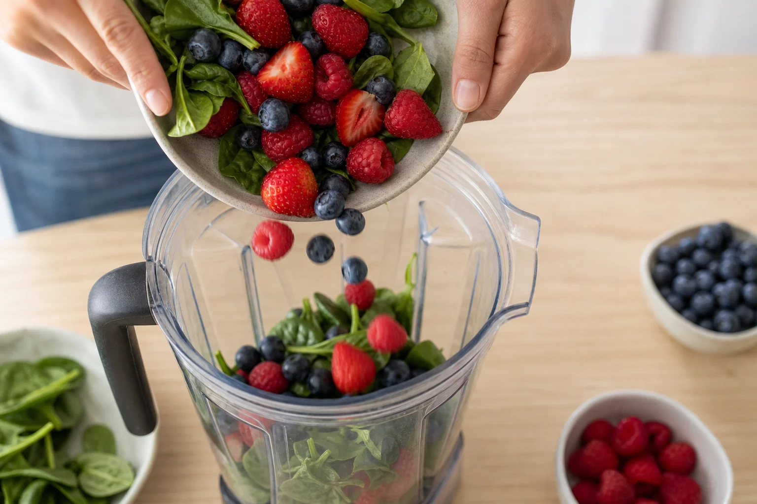 Hands pouring fresh berries and greens into a blender pitcher