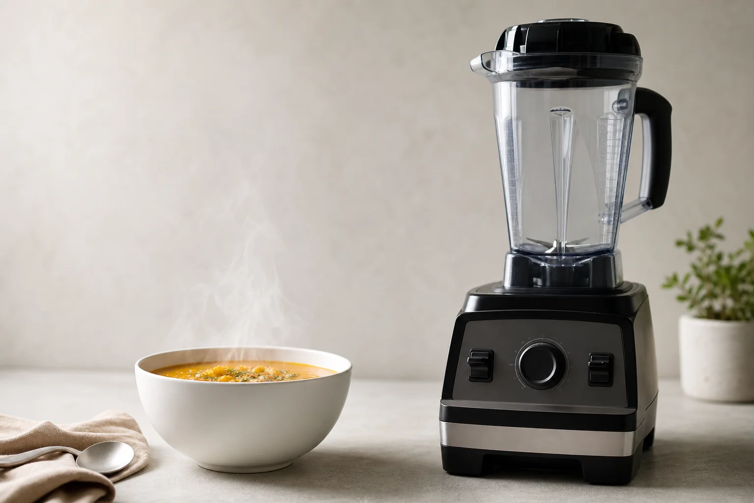 Steaming bowl of soup next to a blender on a kitchen counter