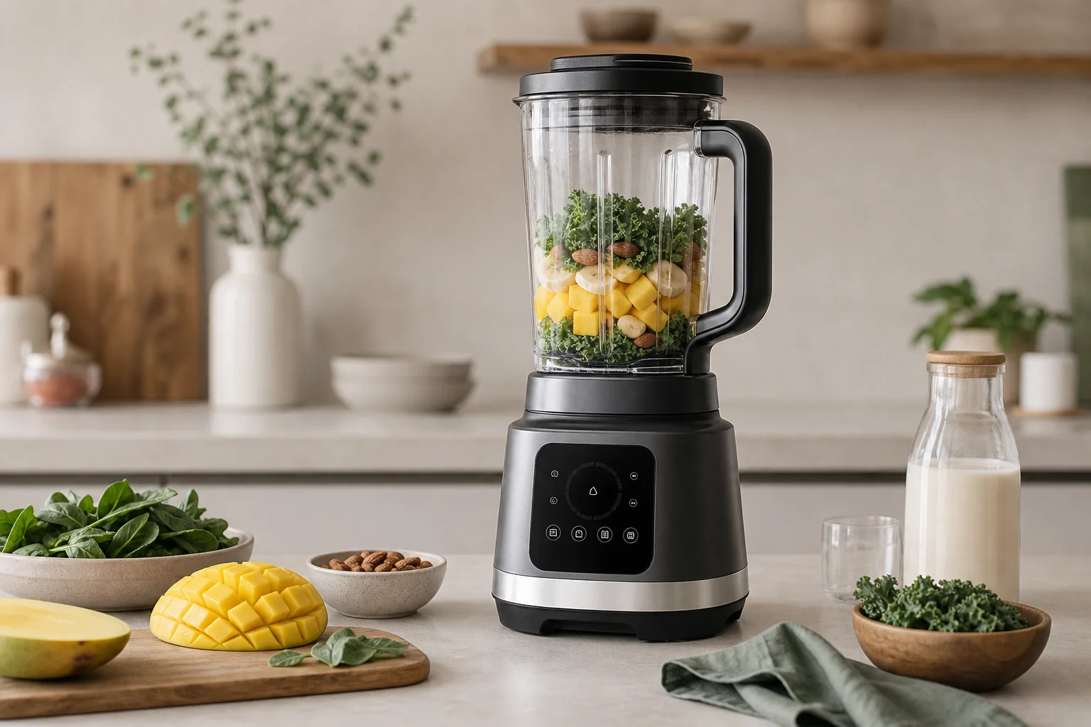 Modern kitchen counter with sleek blender and digital display