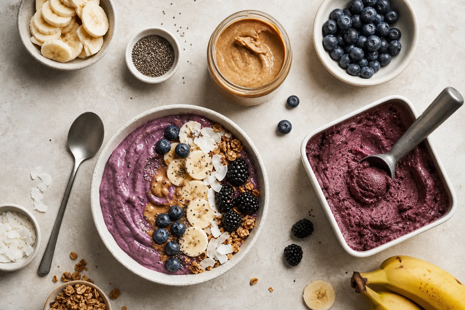 Variety of blended foods displayed: smoothie bowl, nut butter, frozen dessert