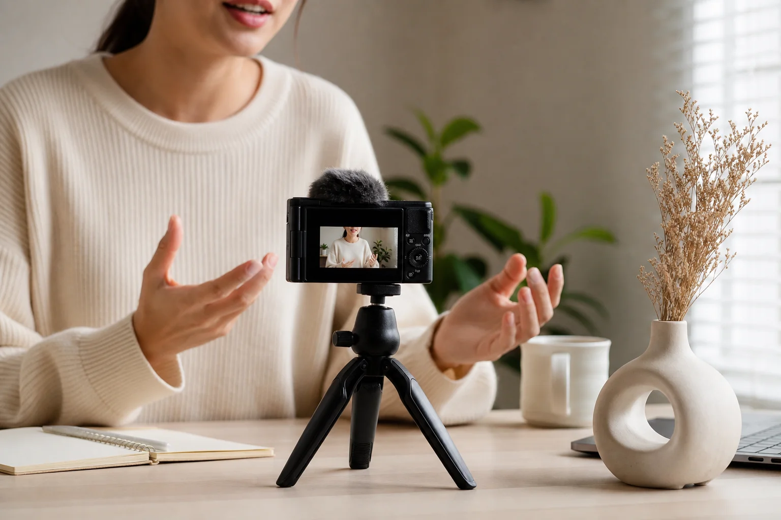 Content creator recording a vlog indoors with a compact camera on a tripod