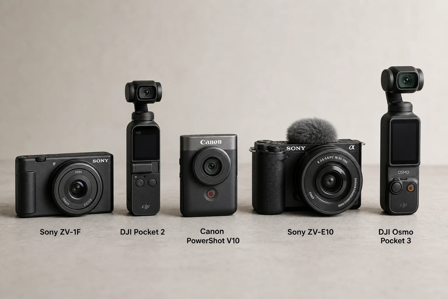 Cinco câmeras para vlogging dispostas sobre uma superfície de concreto em ordem decrescente