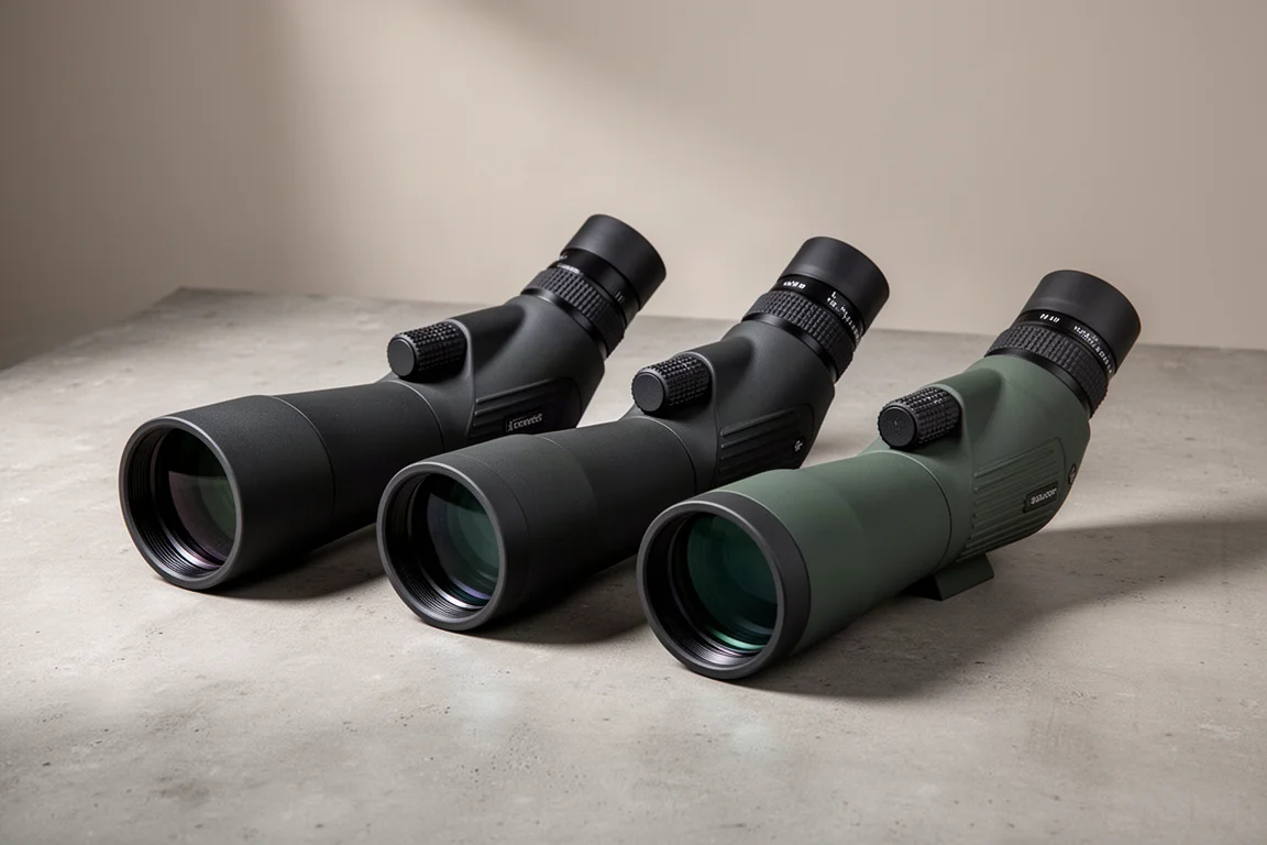 Four angled spotting scopes of increasing size in a row on a matte concrete surface
