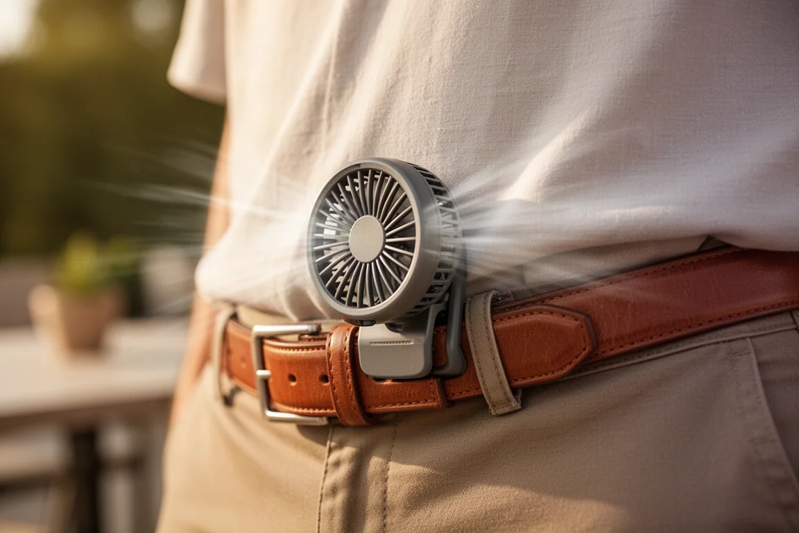 Waist fan clipped to a belt under an open shirt in warm outdoor light