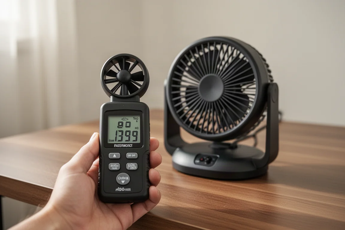 Anemometer measuring air speed in front of a personal fan on a desk