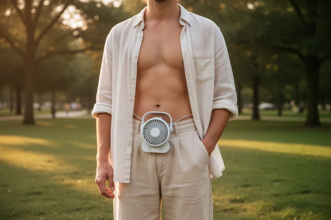 Person relaxing outdoors in summer heat with a portable cooling fan clipped at the waist