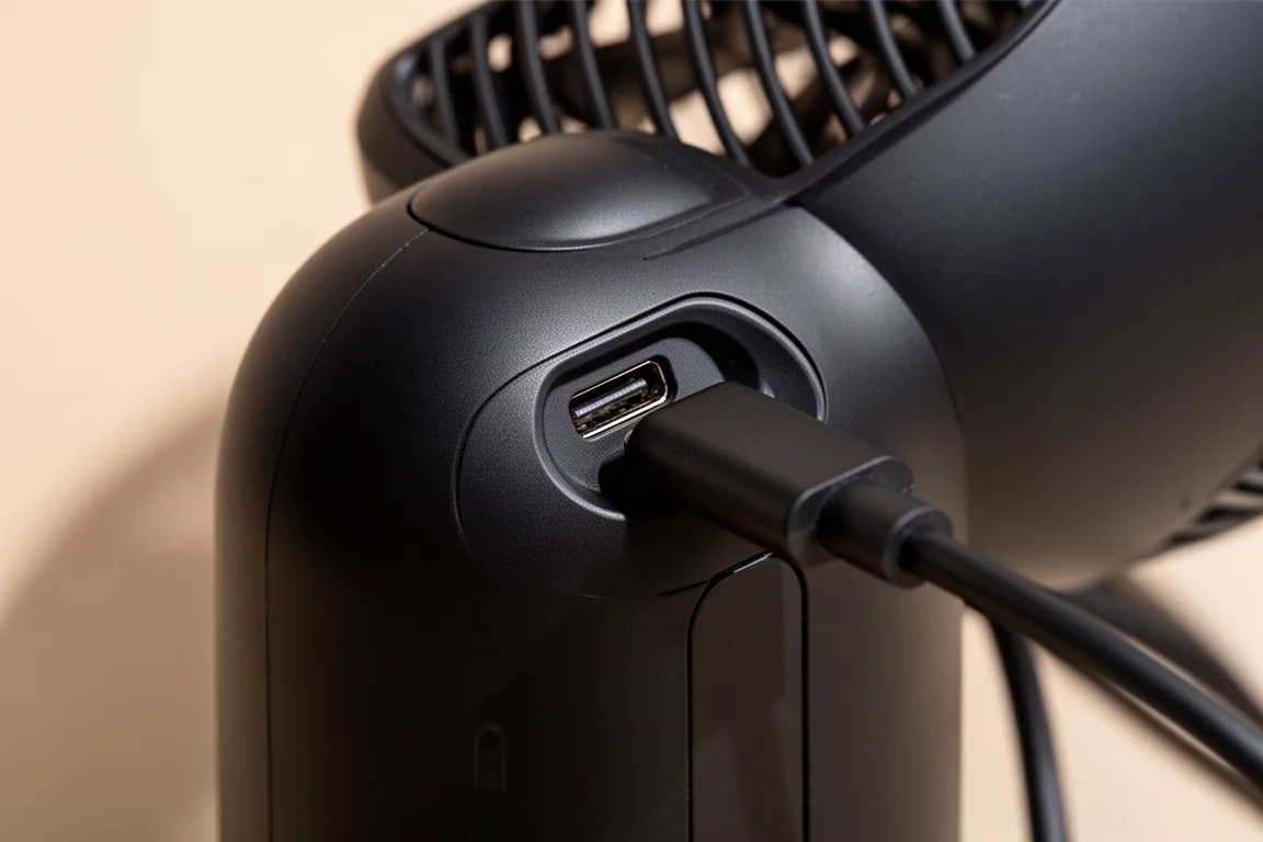 Close-up of USB Type-C charging port on a portable fan
