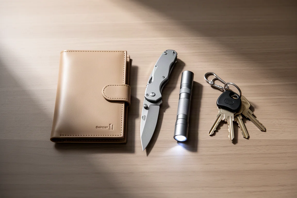 Flat-lay of a slim wallet organizer with keys, a folding knife, and a small flashlight on a wooden desk