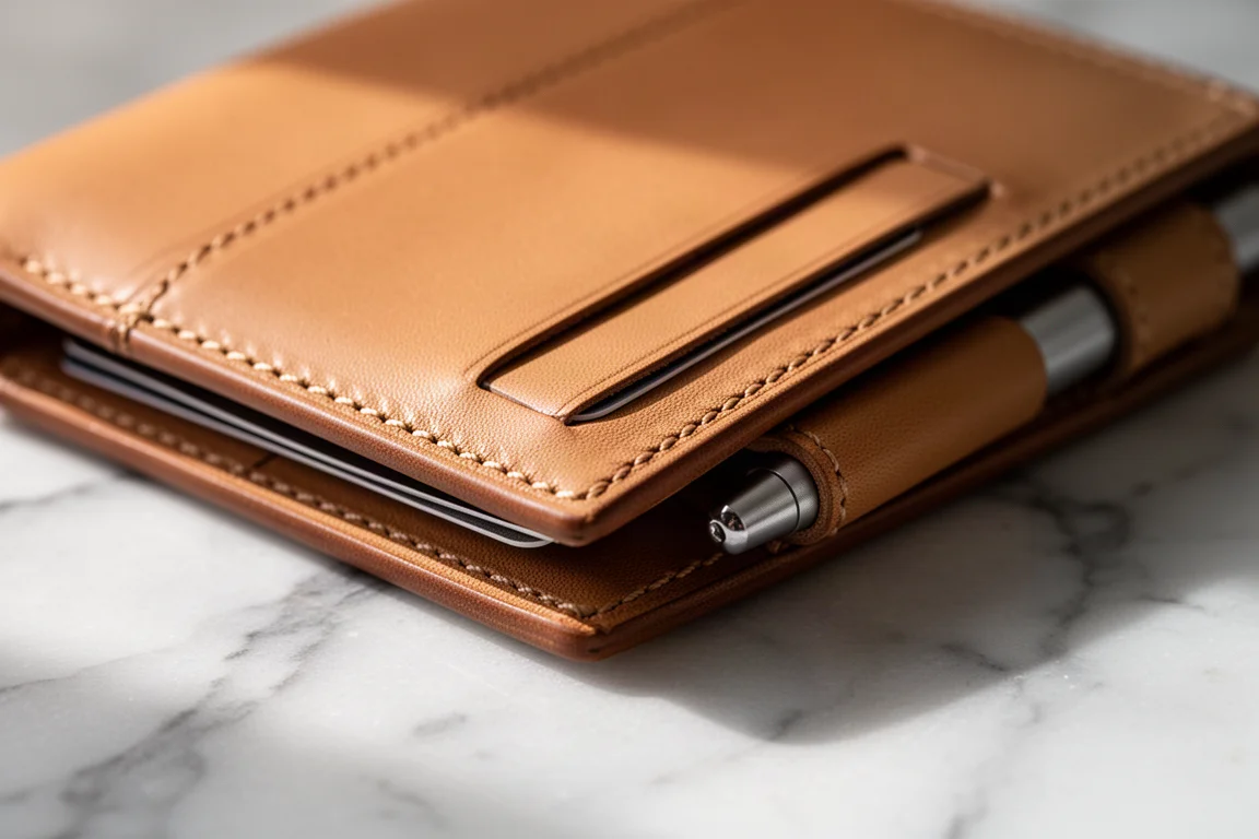 Close-up of leather card slots and a pen sleeve on a handmade wallet organizer