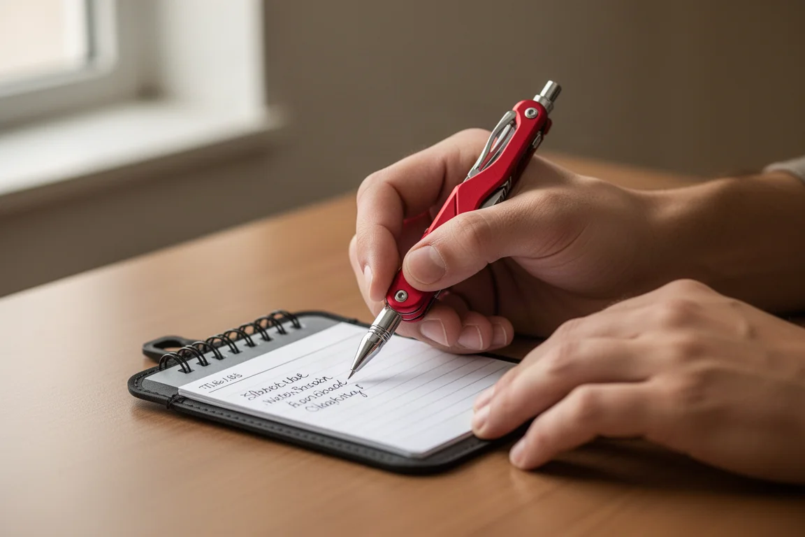 Person writing a note with a small red folding pocket tool with an integrated pen