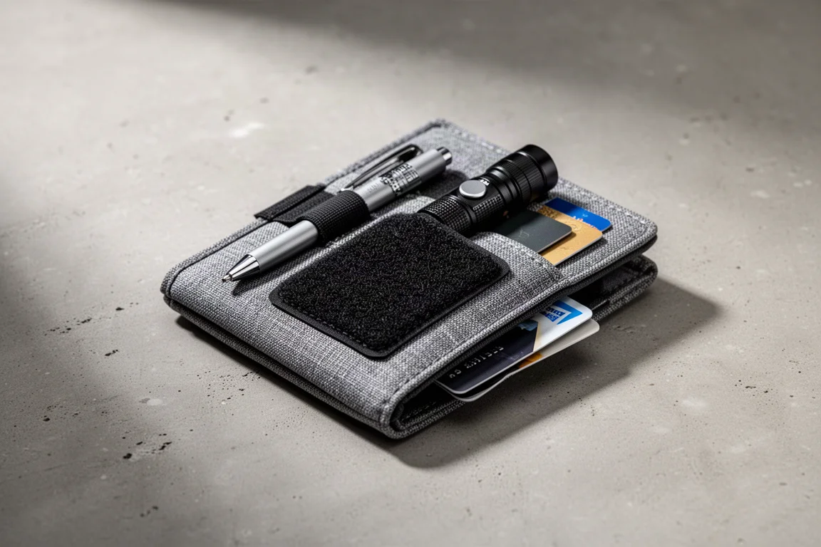 Compact fabric wallet organizer holding a pen, small flashlight, and cards on a concrete surface