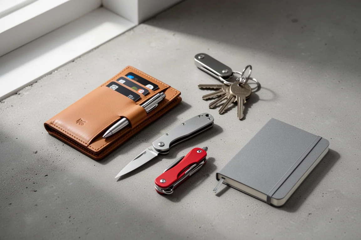 Flat-lay of everyday carry wallet organizer, knife, key holder, pen tool, and notebook on concrete