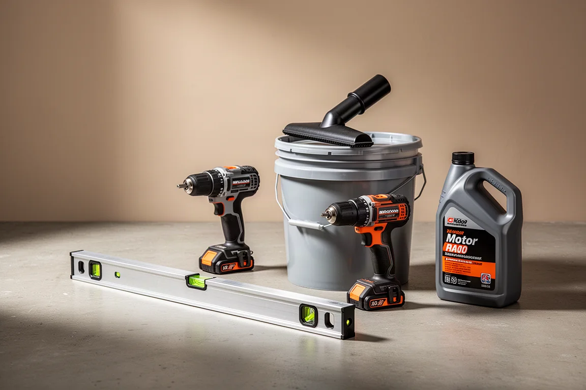 Budget workshop tools including a level, drill, bucket vac head, and oil bottle on concrete