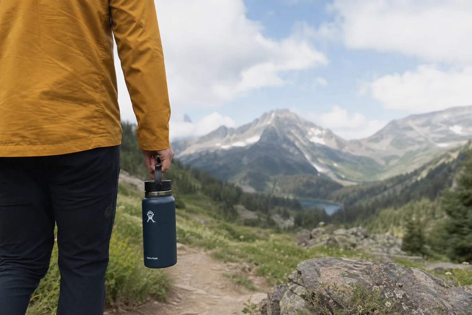 Person holding water bottle during outdoor hiking on mountain trail