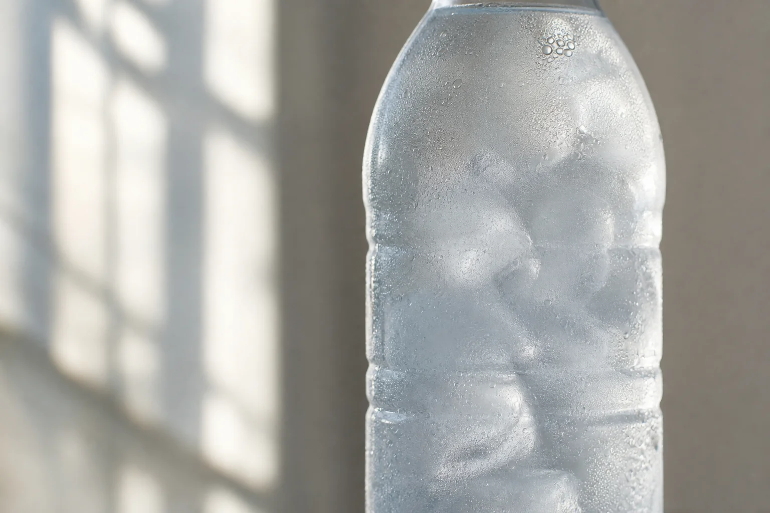Water bottle with ice cubes and condensation in natural light