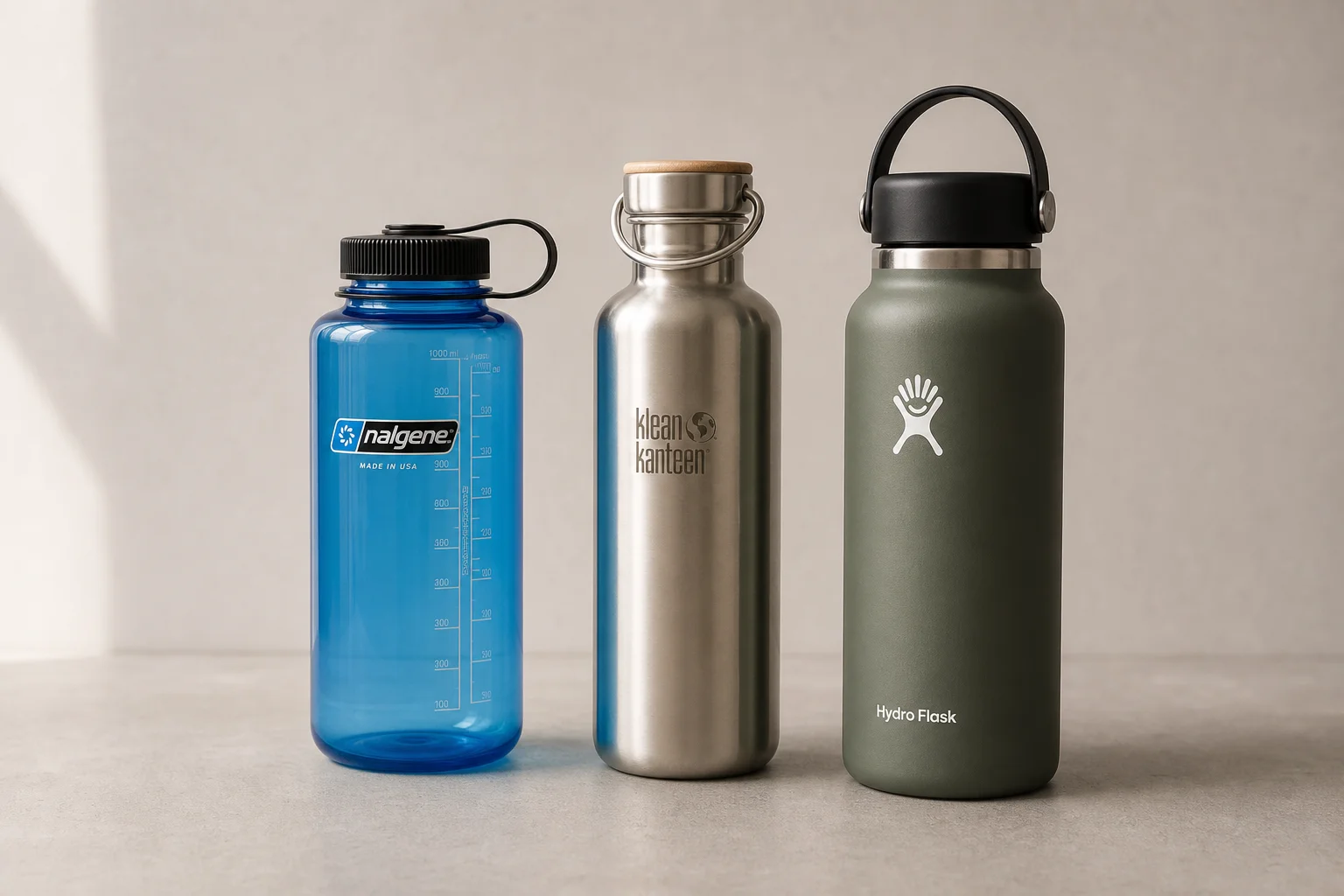 Three water bottles: Nalgene plastic, Klean Kanteen stainless steel, and Hydro Flask insulated on concrete