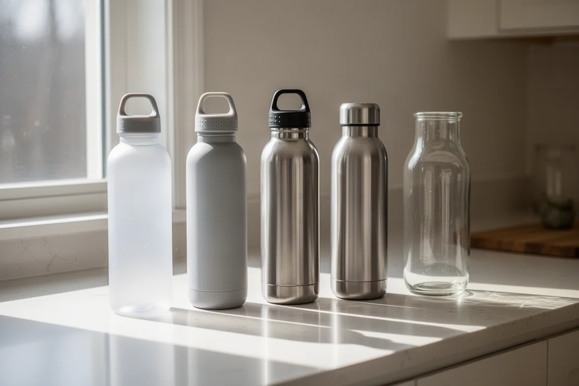 Water bottles of different materials lined up on a kitchen counter in natural light