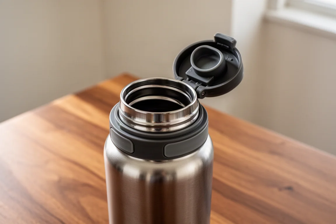 Water bottle with a chug cap sitting open on a wooden table