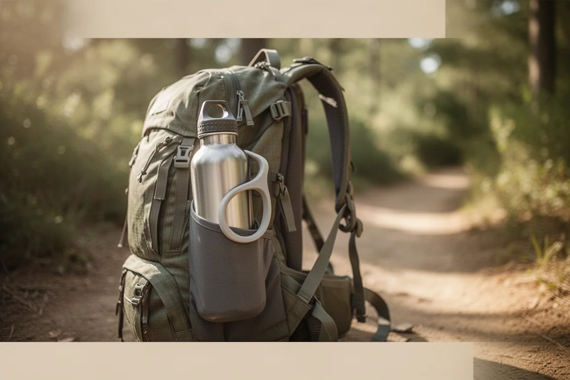 Water bottle handle clipped to the side of a hiking backpack
