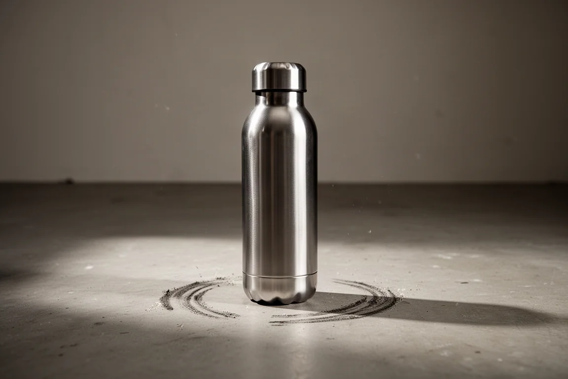 Durable water bottle standing upright after a drop test on a concrete floor