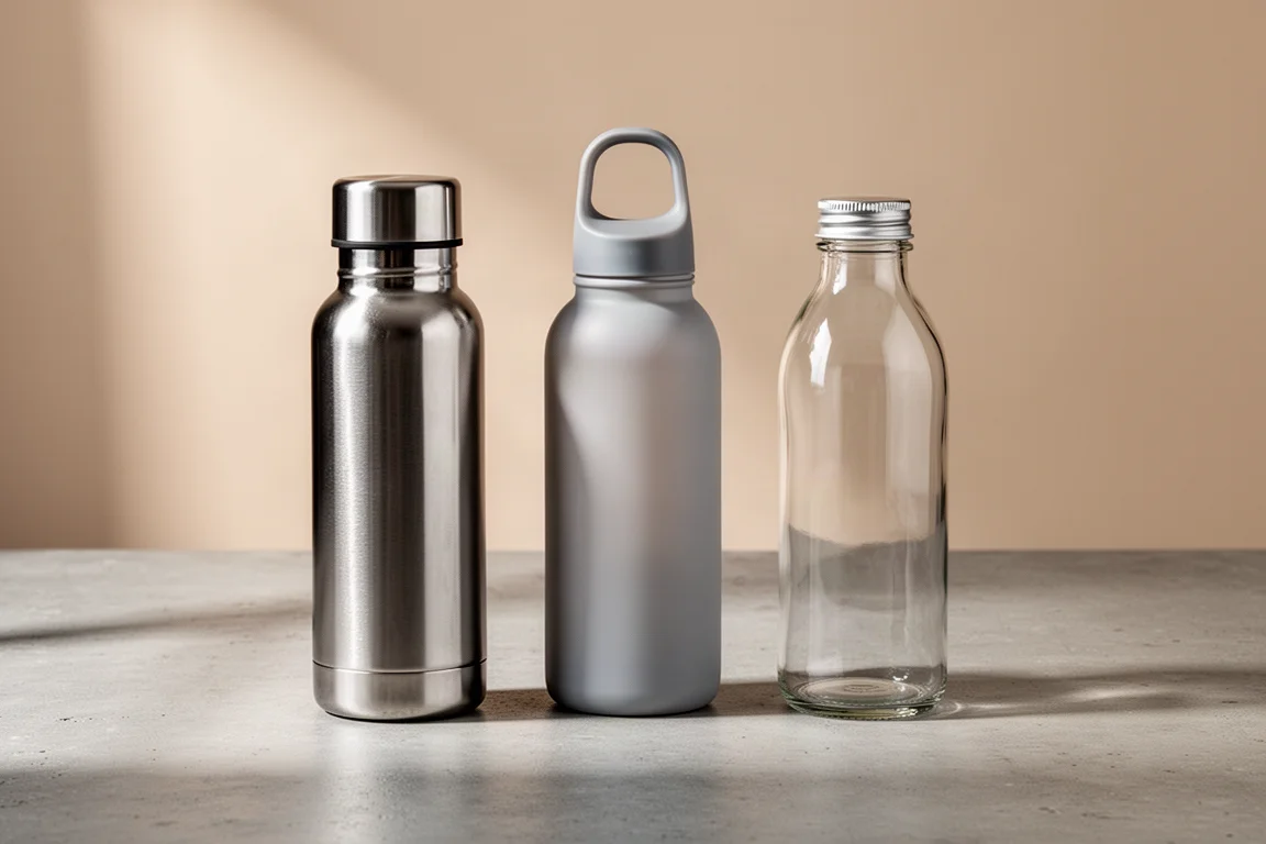 Three reusable water bottles in stainless steel, plastic, and glass on a concrete surface