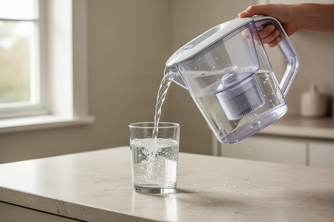 Wasserfilter-Kanne gießt gefiltertes Wasser in ein klares Glas auf einer Küchenarbeitsplatte
