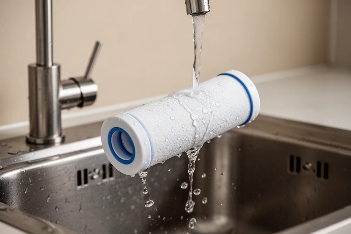 Nahaufnahme einer Wasserfilter-Patrone, die unter kaltem fließendem Wasser abgespült wird