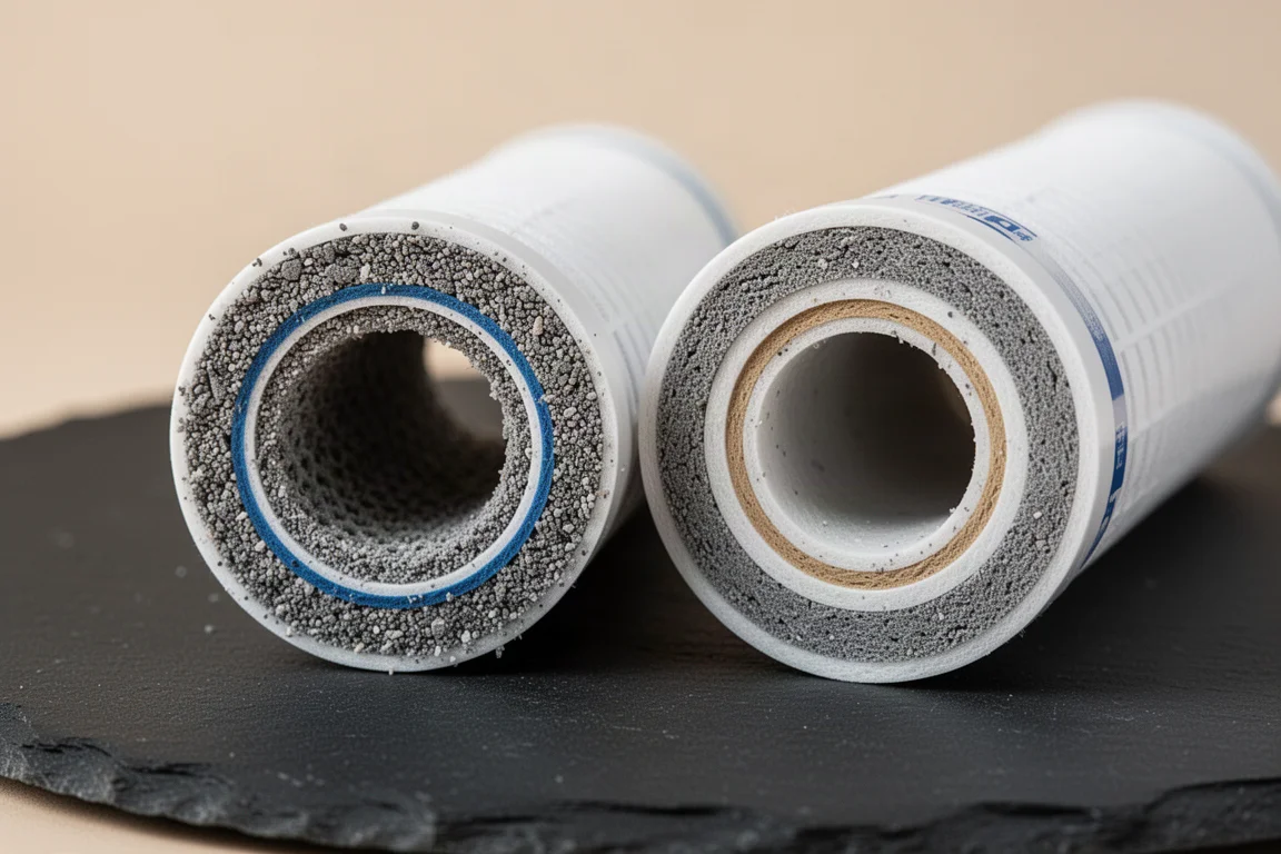 Zwei geöffnete Wasserfilter-Patronen zeigen das dicht gepackte Filtermaterial