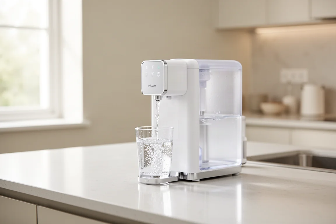 Aufsitz-Umkehrosmose-Wasseraufbereiter füllt Wasser in ein Glas in einer modernen Küche