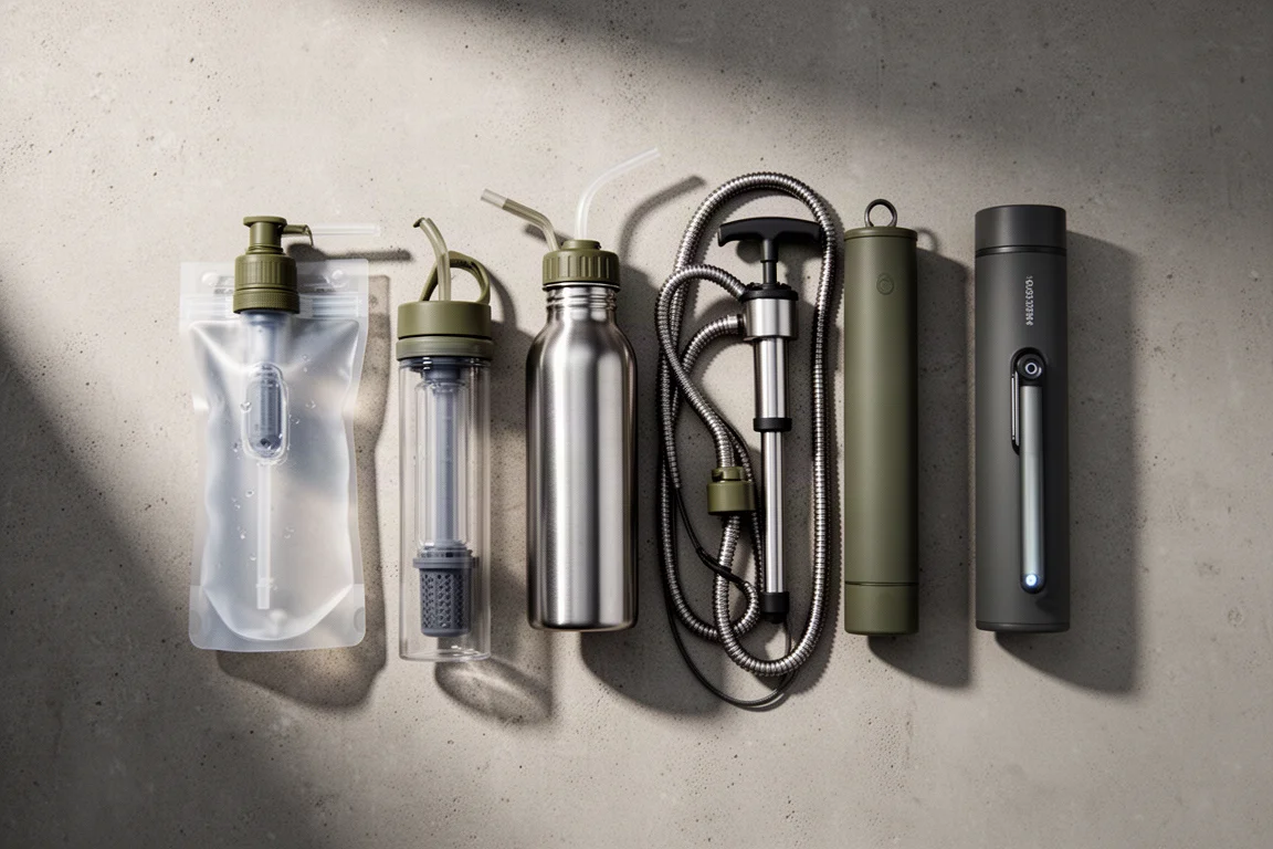 Flat-lay of outdoor water filters, a purifier, and a UV treatment device on concrete