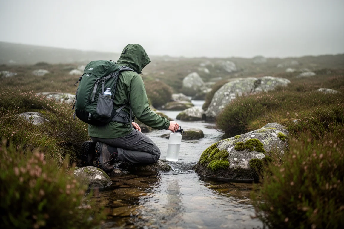 Wanderer kniet an einem klaren Bach am Hang, um eine Wasserflasche zu füllen