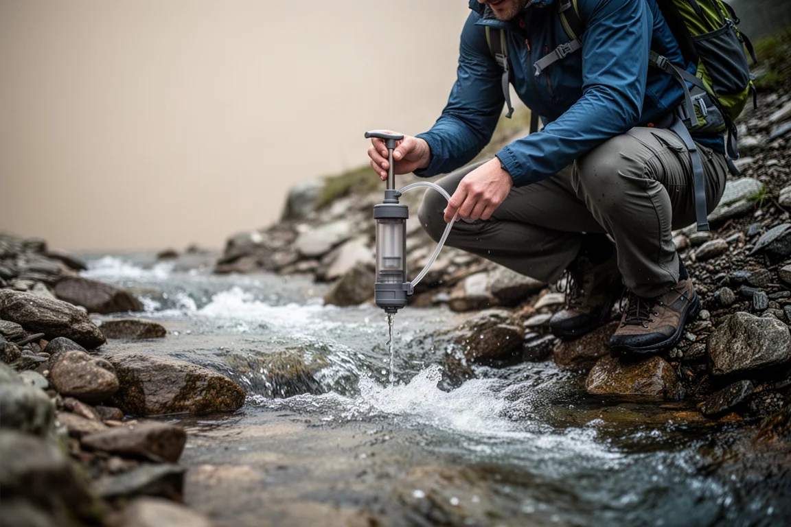 Wanderer entnimmt Wasser mit einem Handpumpfilter an einem steilen Bachufer