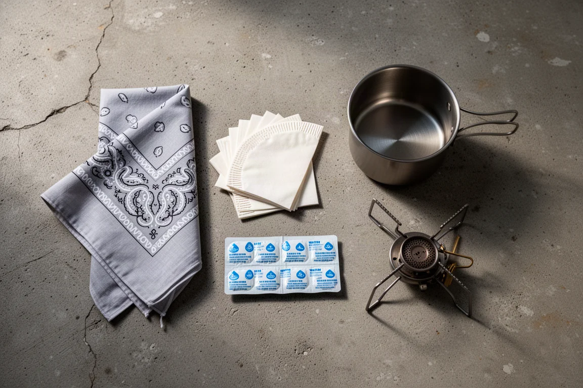 Flatlay von Bandana, Kaffeefiltern, Reinigungstabletten, Topf und Kocher