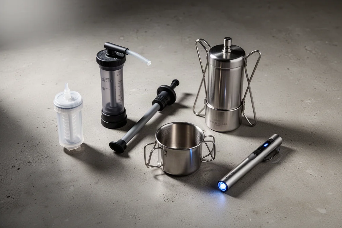 Compact backcountry water filters and purifiers arranged on a matte concrete surface