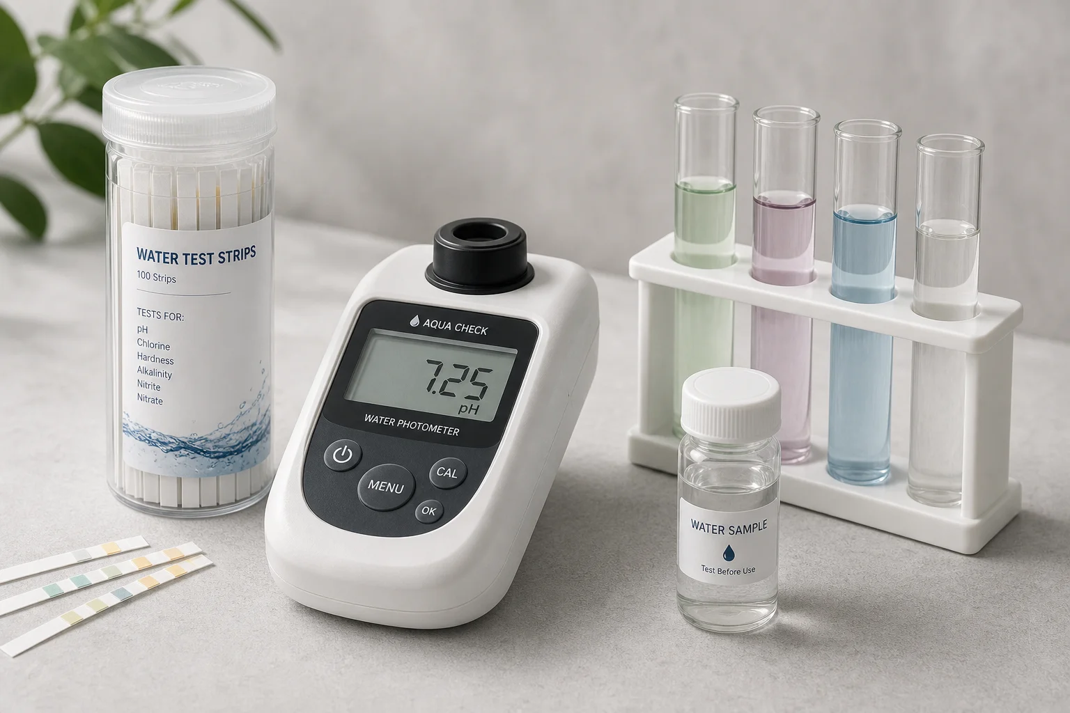 Sammlung von Wassertest-Kits, bestehend aus Teststreifen, digitalem Photometer und Reagenzgläsern auf einer grauen Oberfläche