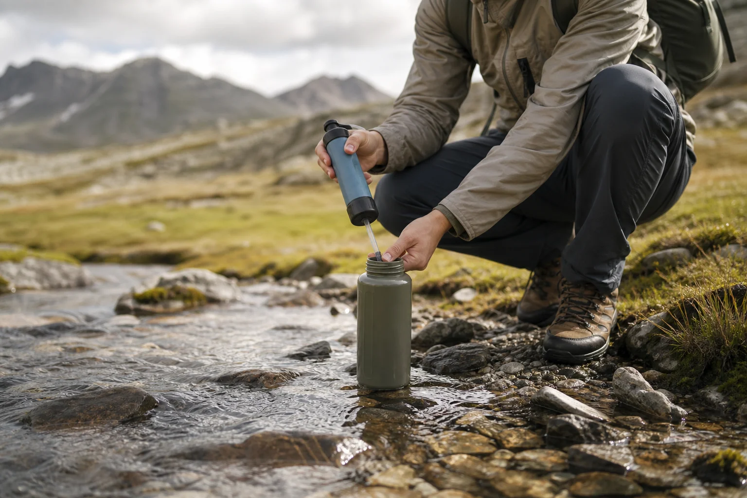 Backpacker filtering water from a mountain stream into a hard-sided bottle