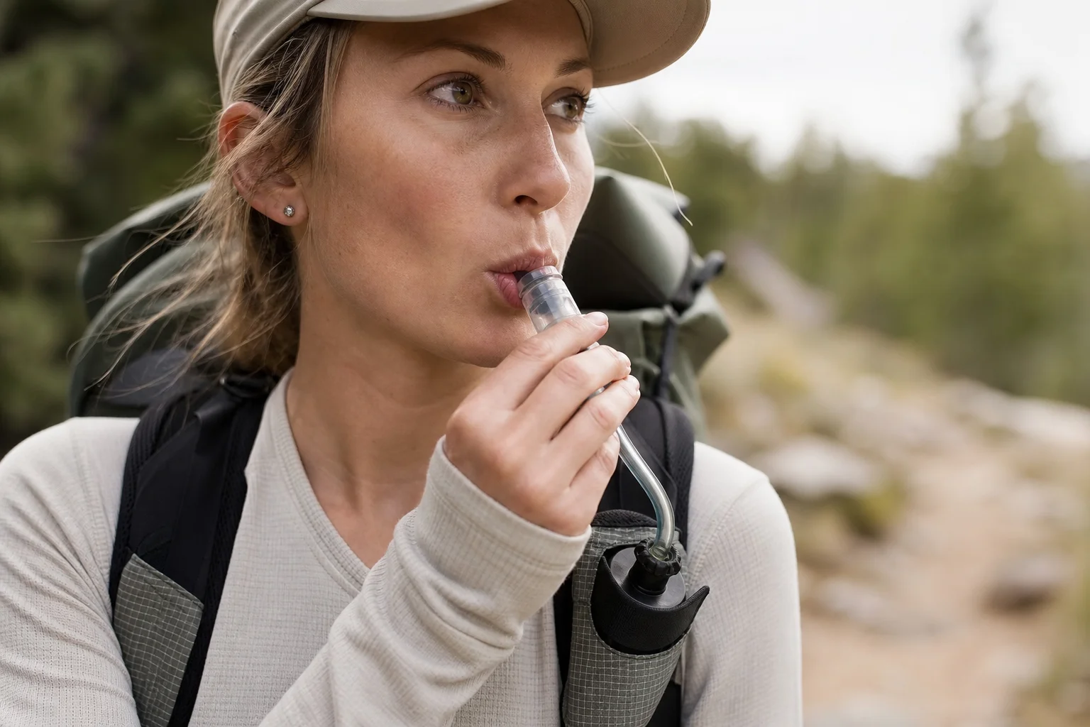 Close-up of a bite-valve filter cap being used one-handed while hiking