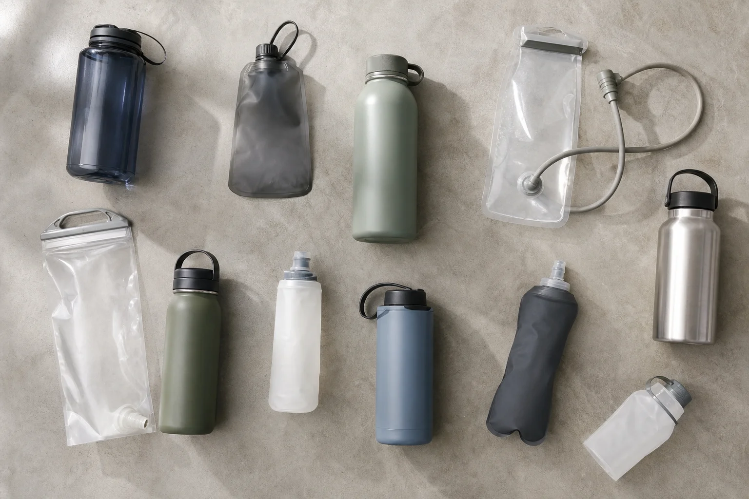 Organized collection of water bottles and bladders displayed on a flat surface